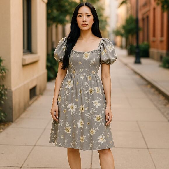 Babydoll Puff Sleeve Floral Dress Sz S Cottagecore Milkmaid USA Hashtag In Trend - Picture 3 of 16